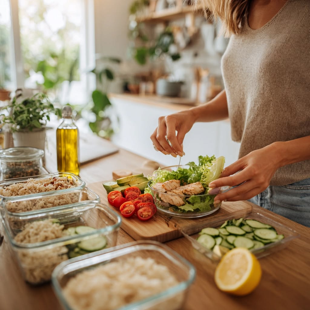 Fresh vegetables and herbs arranged on a wooden kitchen counter for meal preparation